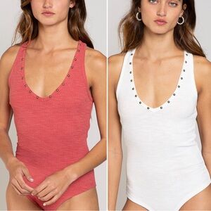💕 Coming Soon! POL Ribbed Stud-Trim V-Neck Tank Bodysuit - White & Raspberry